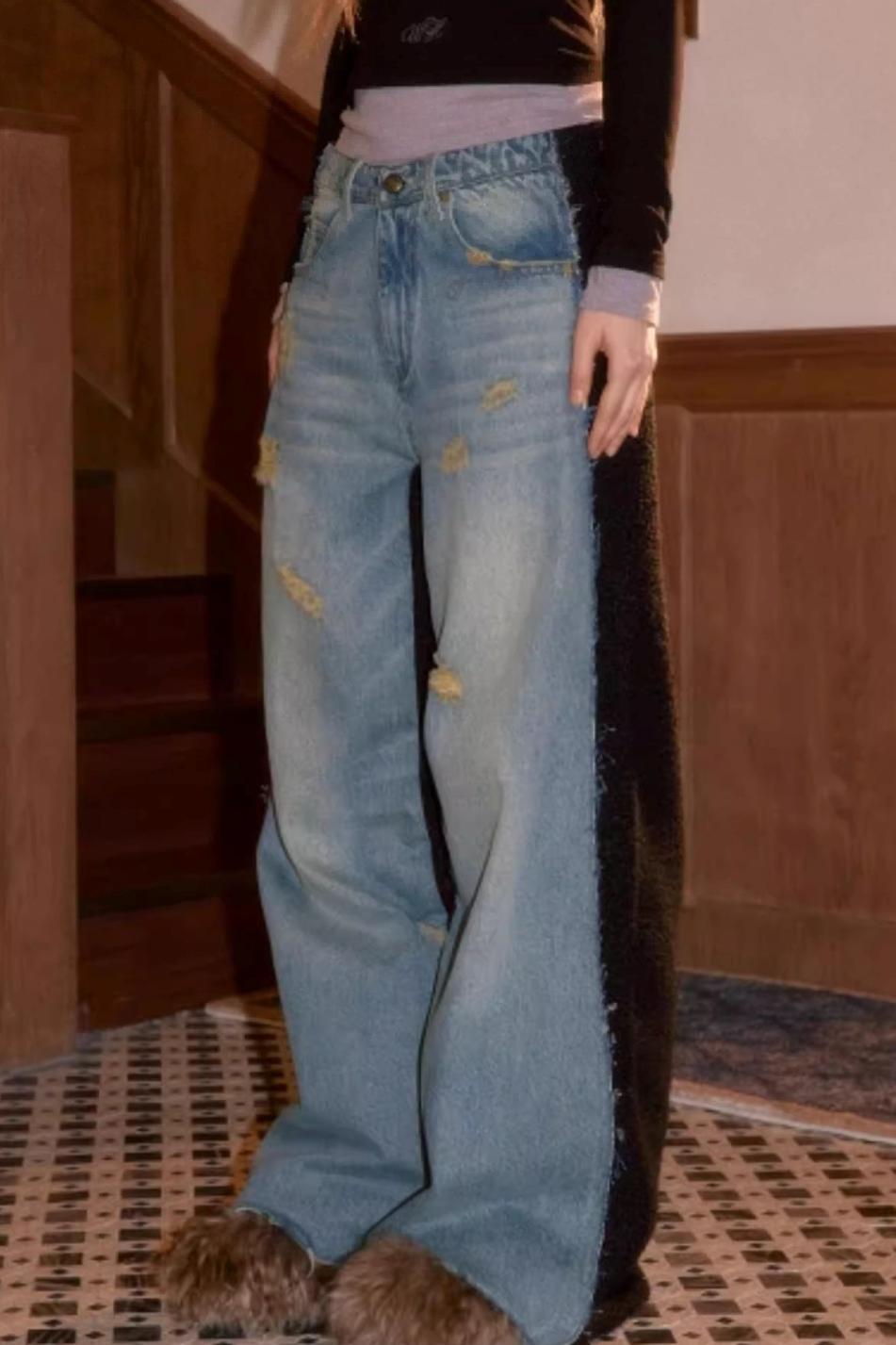 Frayed Hem Patchwork Jeans