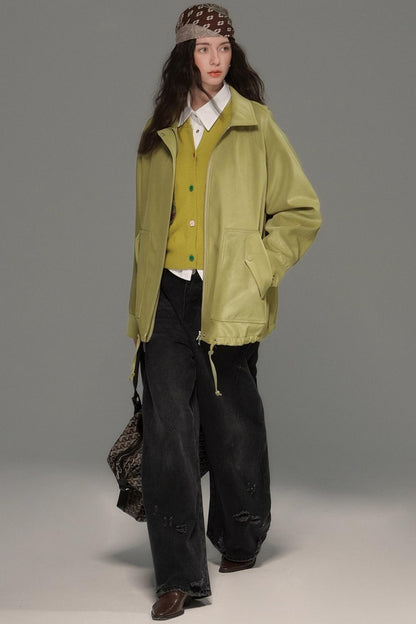 Green Lapel Leather Jacket