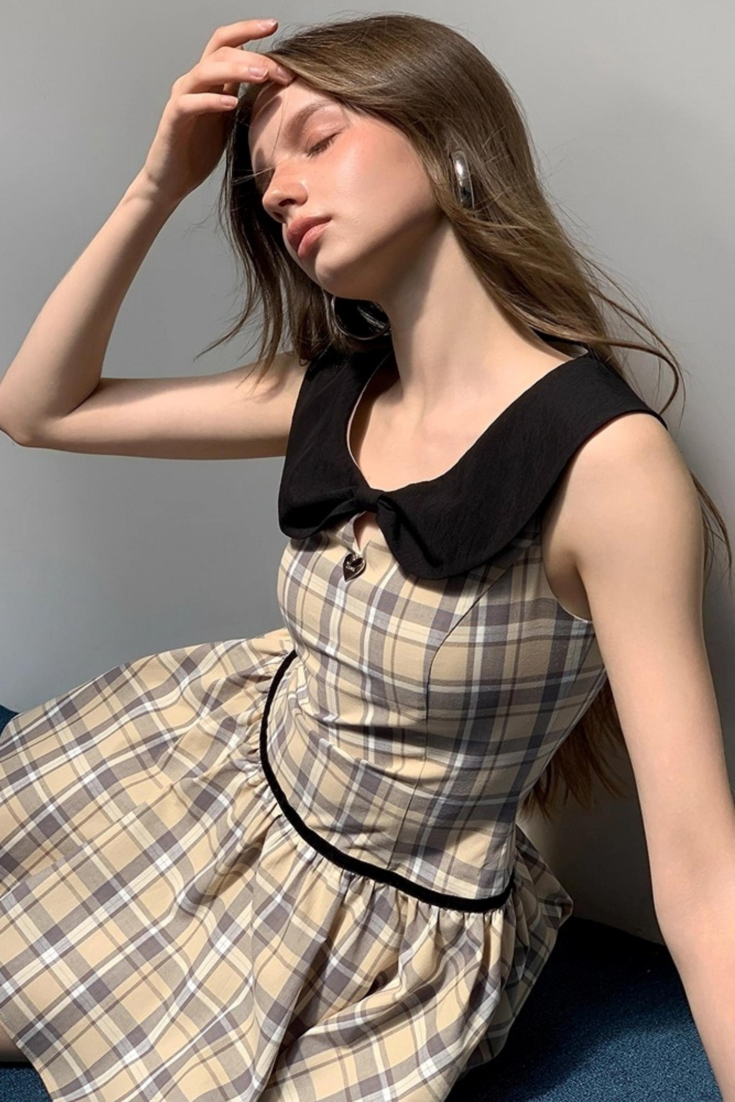 Plaid Contrasting Doll Neck Puffy Dress