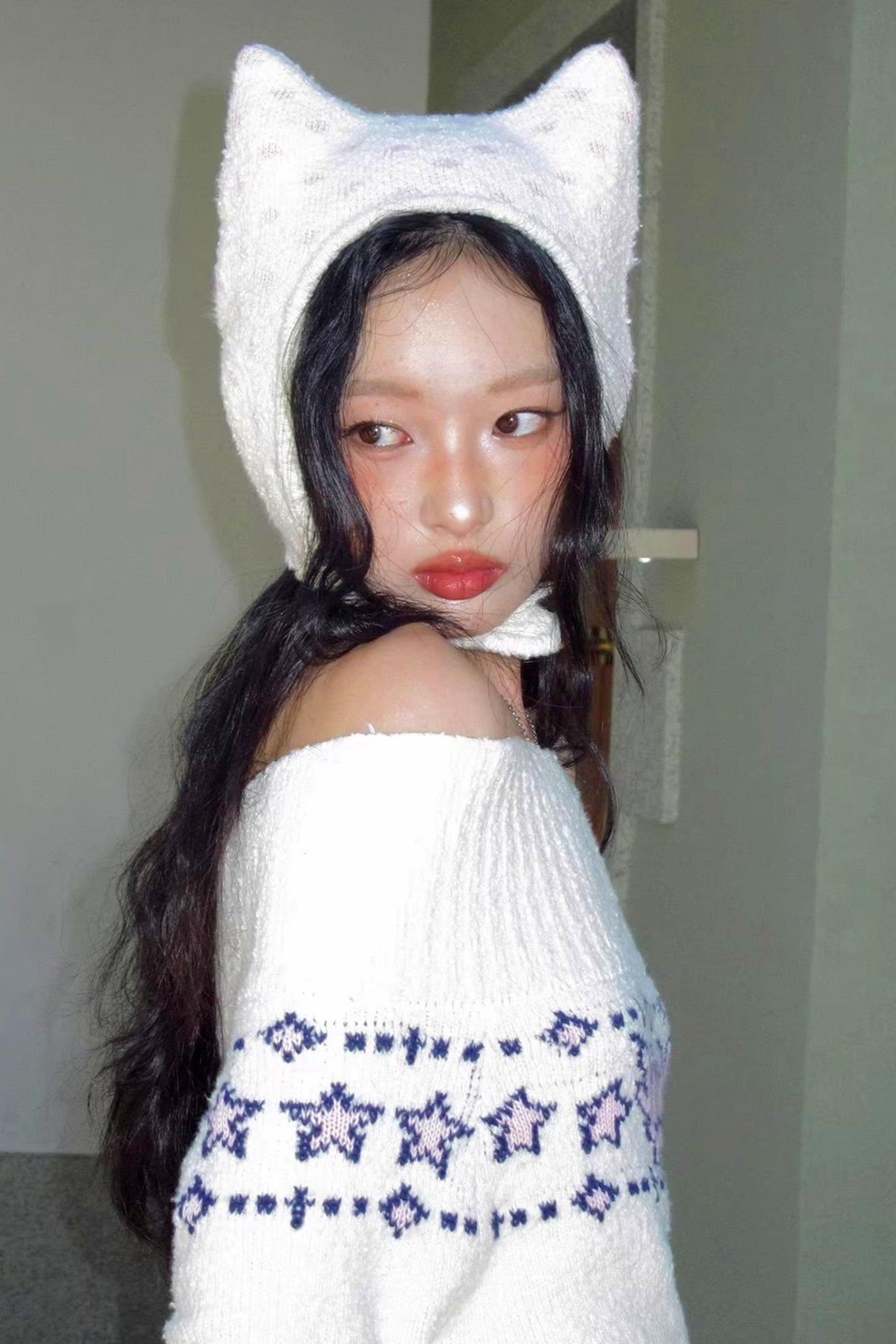 플러피 물방울 무늬 울 모자
