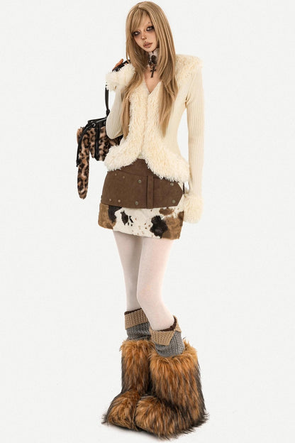 Retro Cow Print Leather Skirt