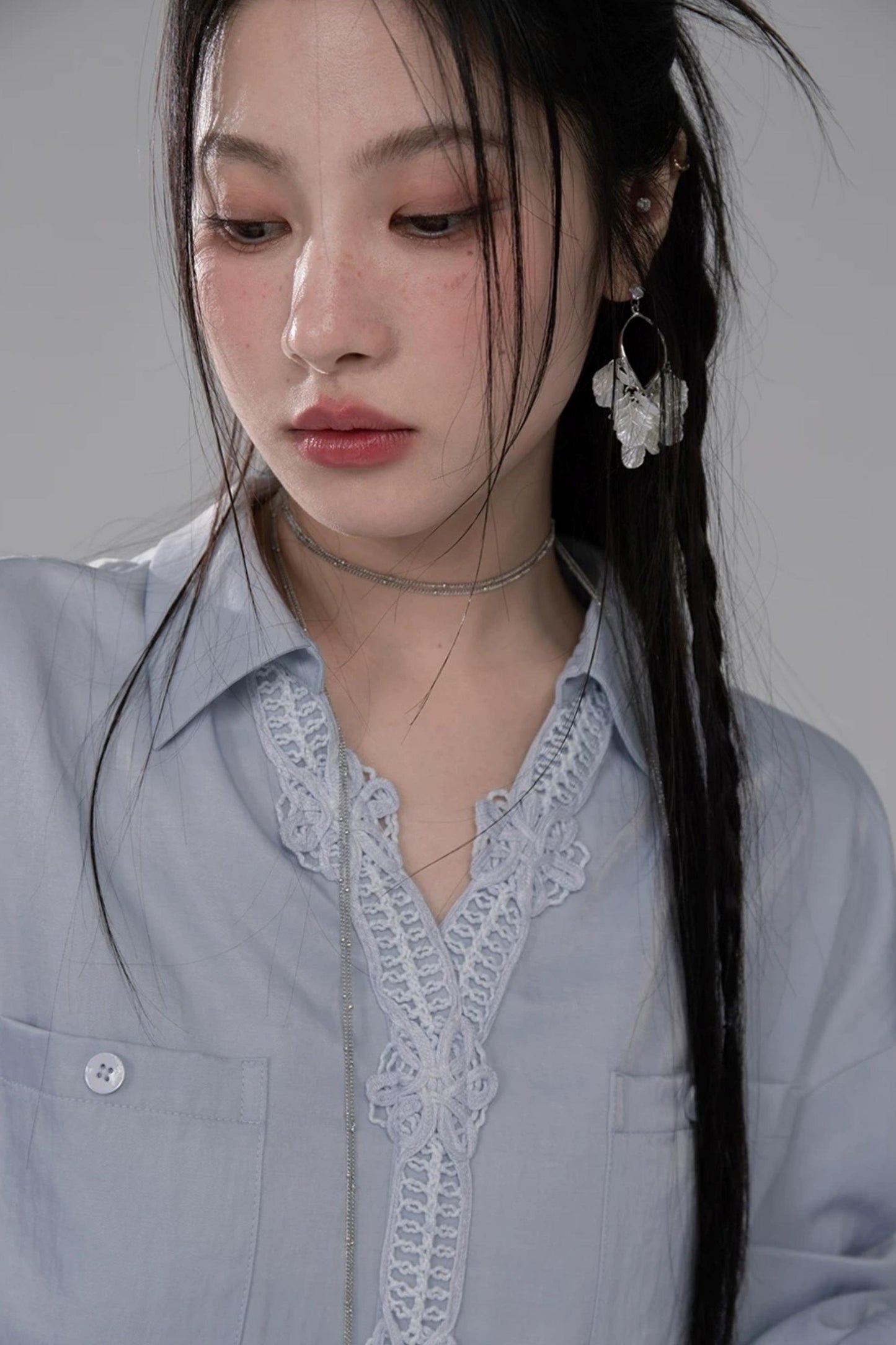 Mist Blue Lace Collar Shirt