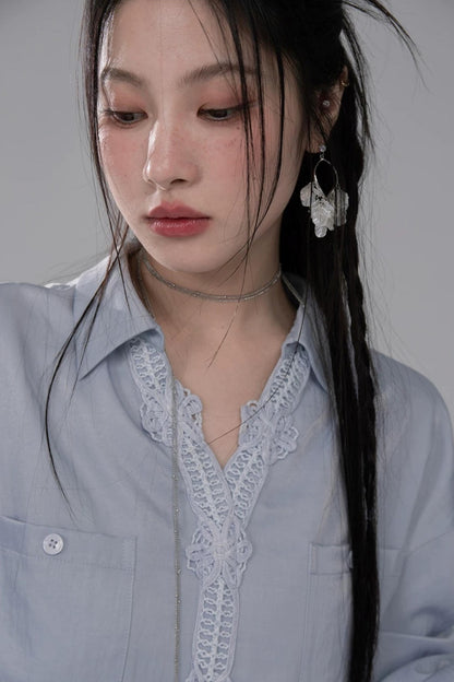 Mist Blue Lace Collar Shirt