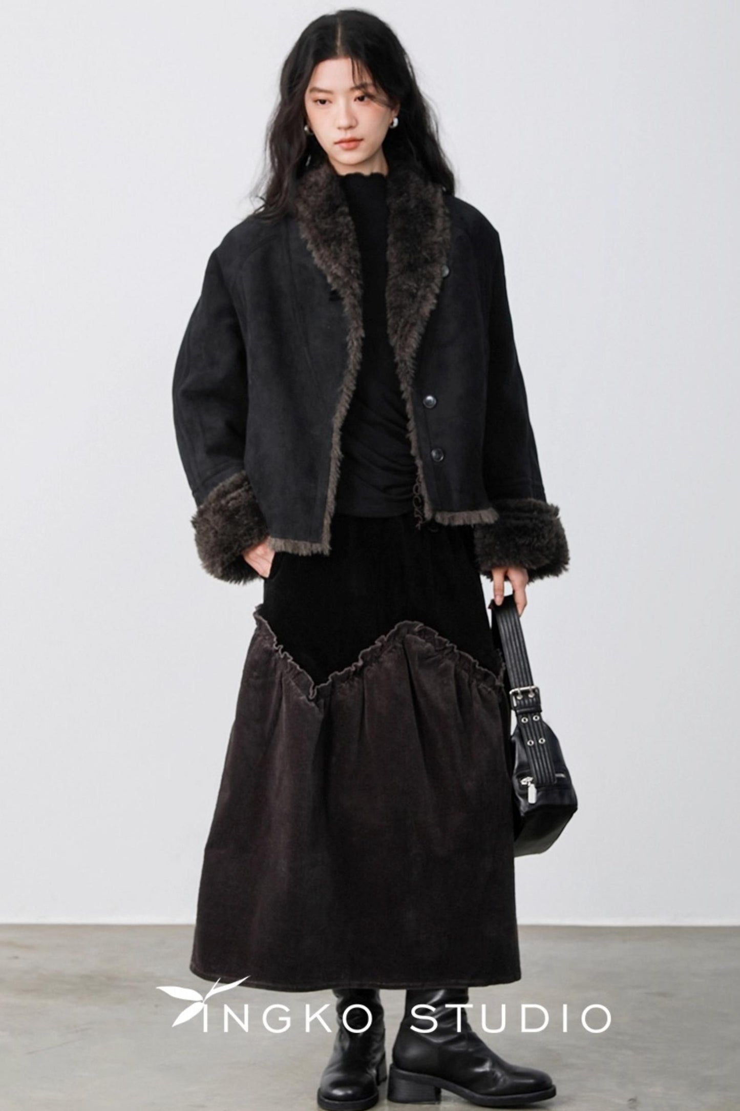 Gray Coffee Spliced Corduroy Skirt