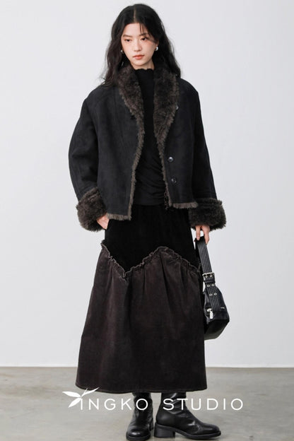 Gray Coffee Spliced Corduroy Skirt