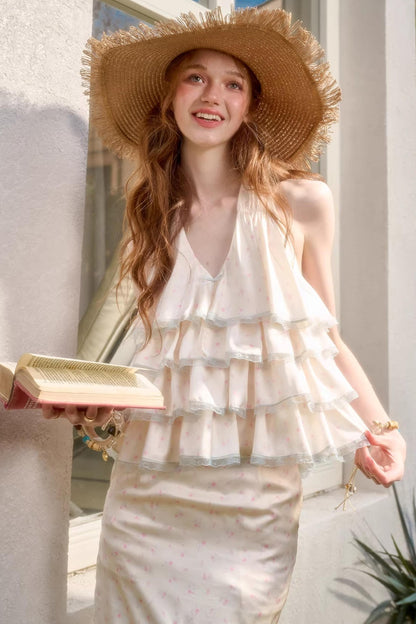 Lemon Floral Satin Lace Top Set-Up