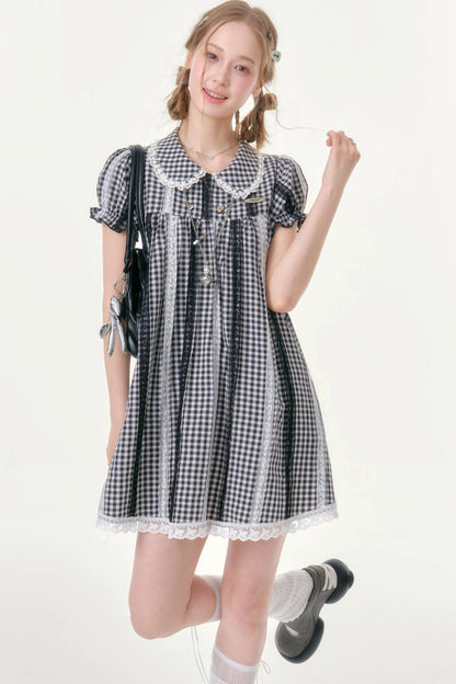 Retro Plaid Lace Puff Sleeve Dress