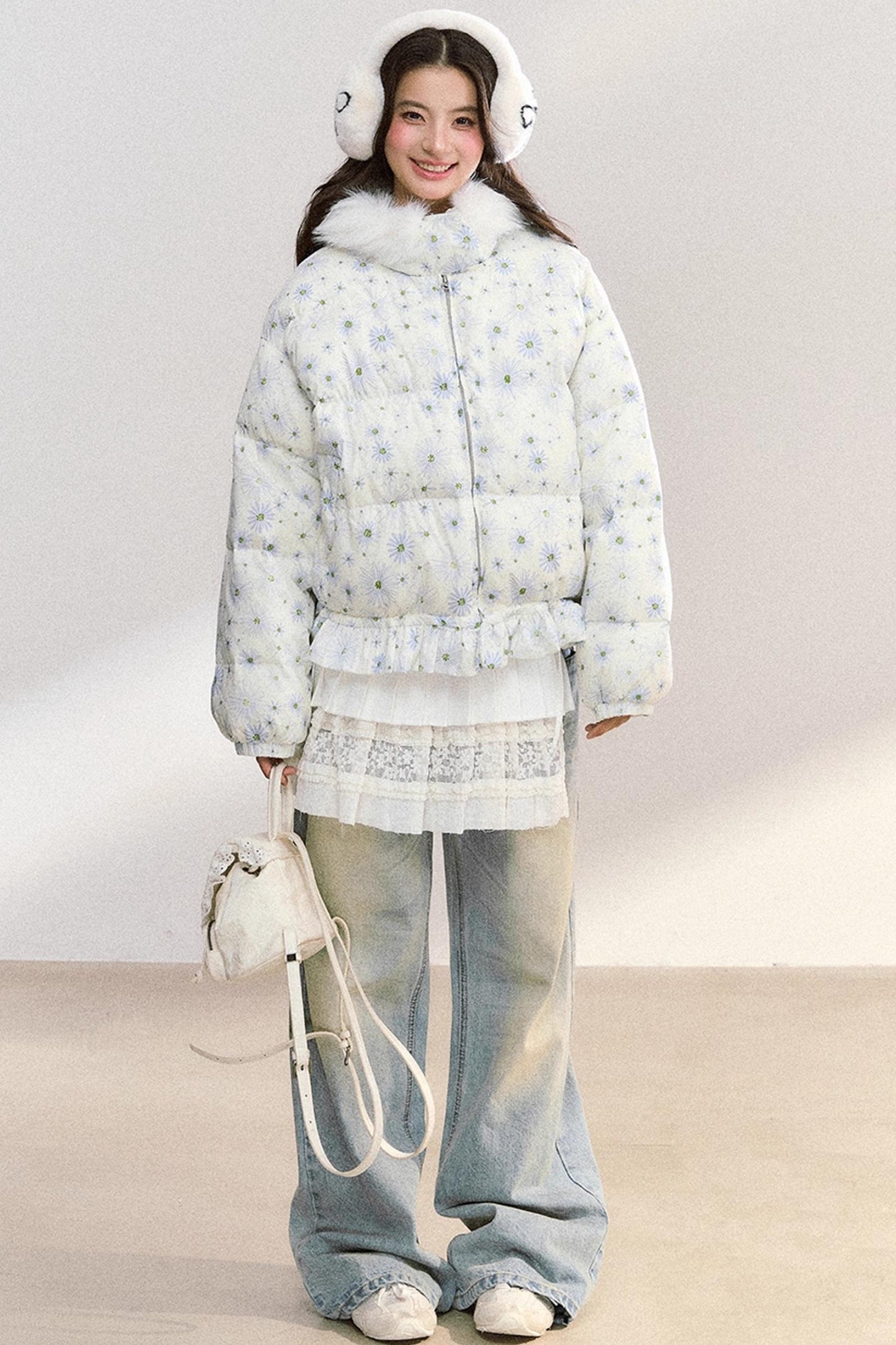 Fur Collar Daisy Print Jacket