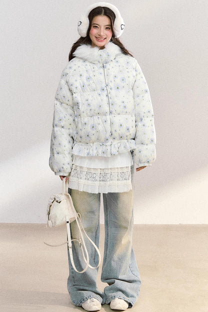 Fur Collar Daisy Print Jacket