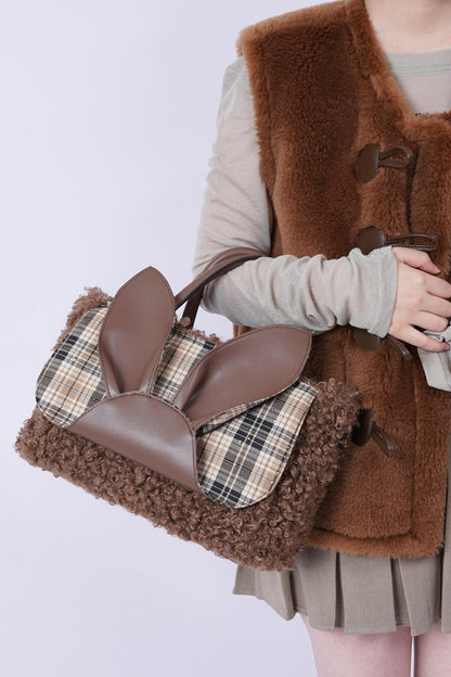 Plaid Rabbit Fur Tote Bag