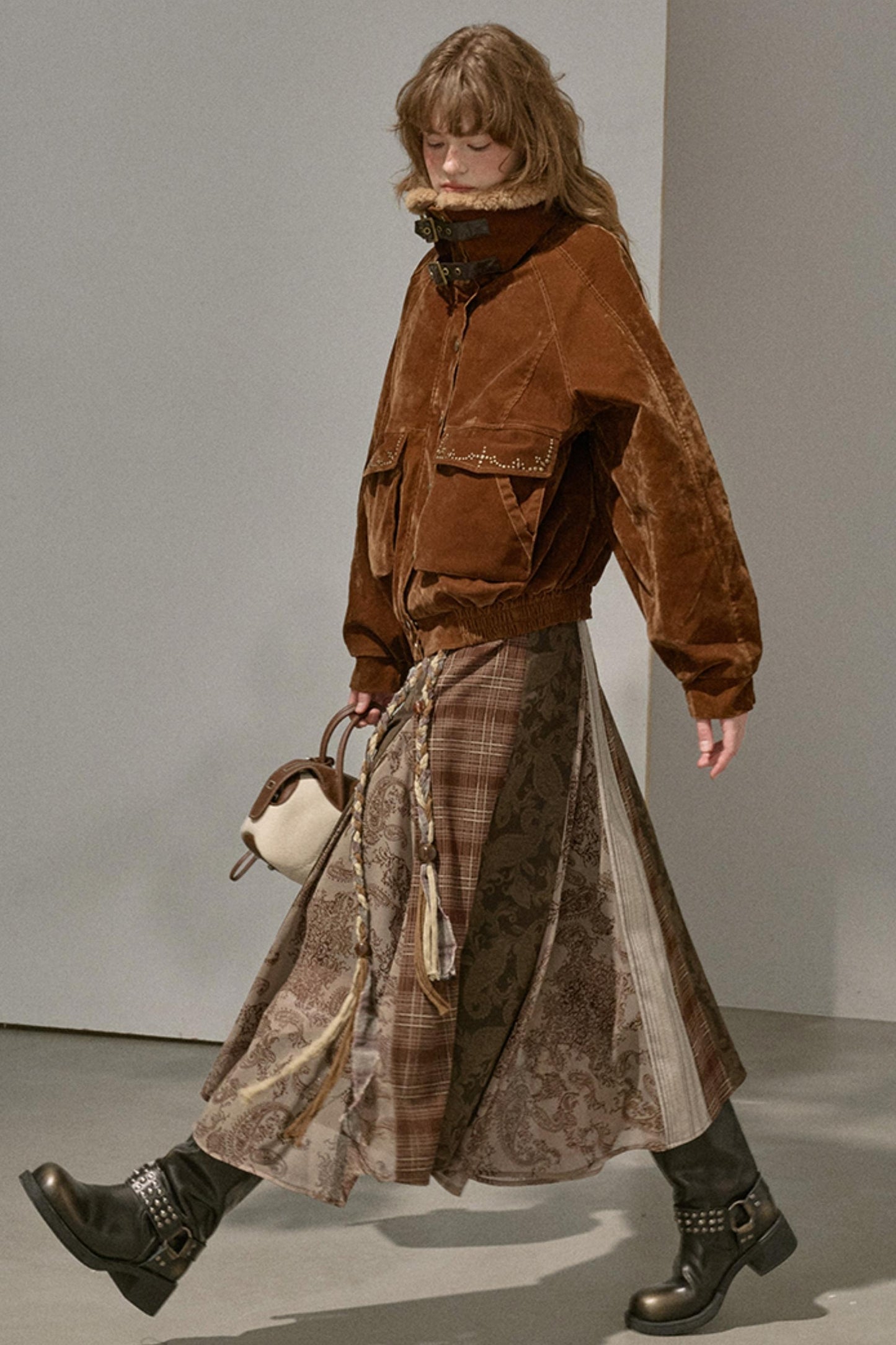 Floral Stitching Brown Skirt