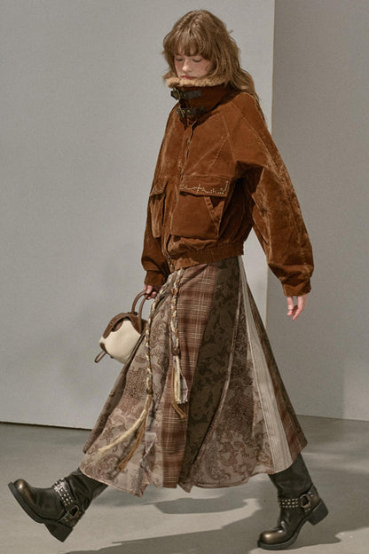 Floral Stitching Brown Skirt