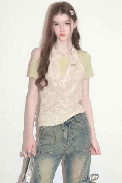 Neckholder-Weste aus floraler Spitze mit schulterfreiem T-Shirt