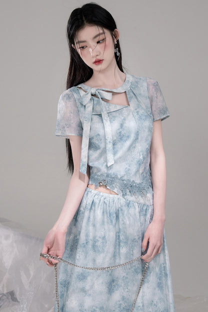 Blue Bow-Collar Shirt & Cutout Skirt Set