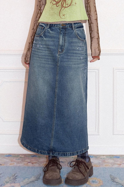 Retro Washed Denim Skirt