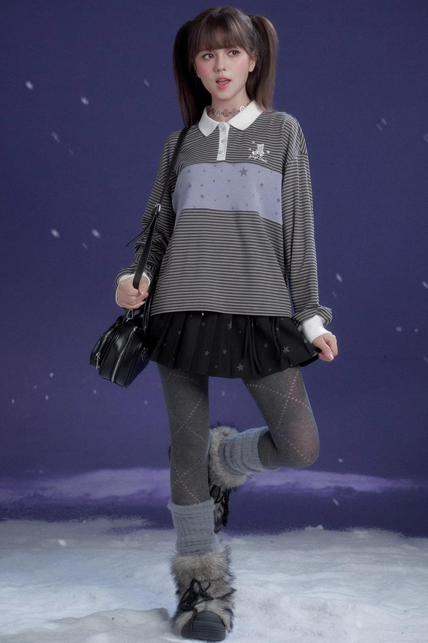 Gray-Purple Striped Polo Top