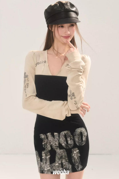 Printed Layered-Look V-Neck Dress