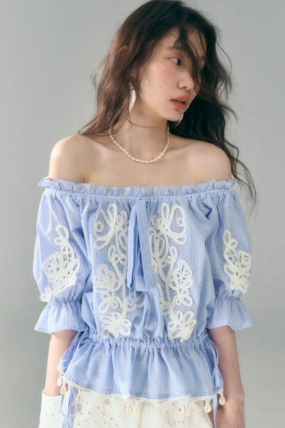 Island Flower Vine Striped Short Sleeve Top Shorts Set-Up