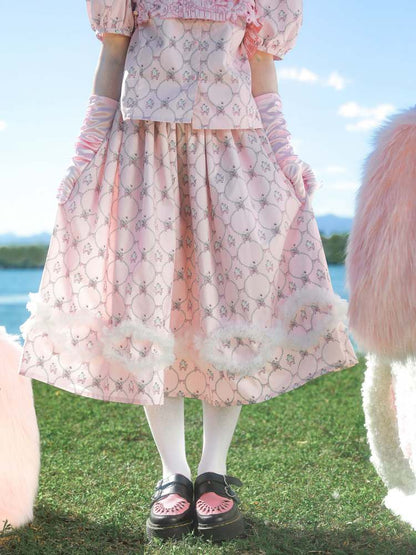 Pearl Puppy Print Wave Mesh Lace Skirt