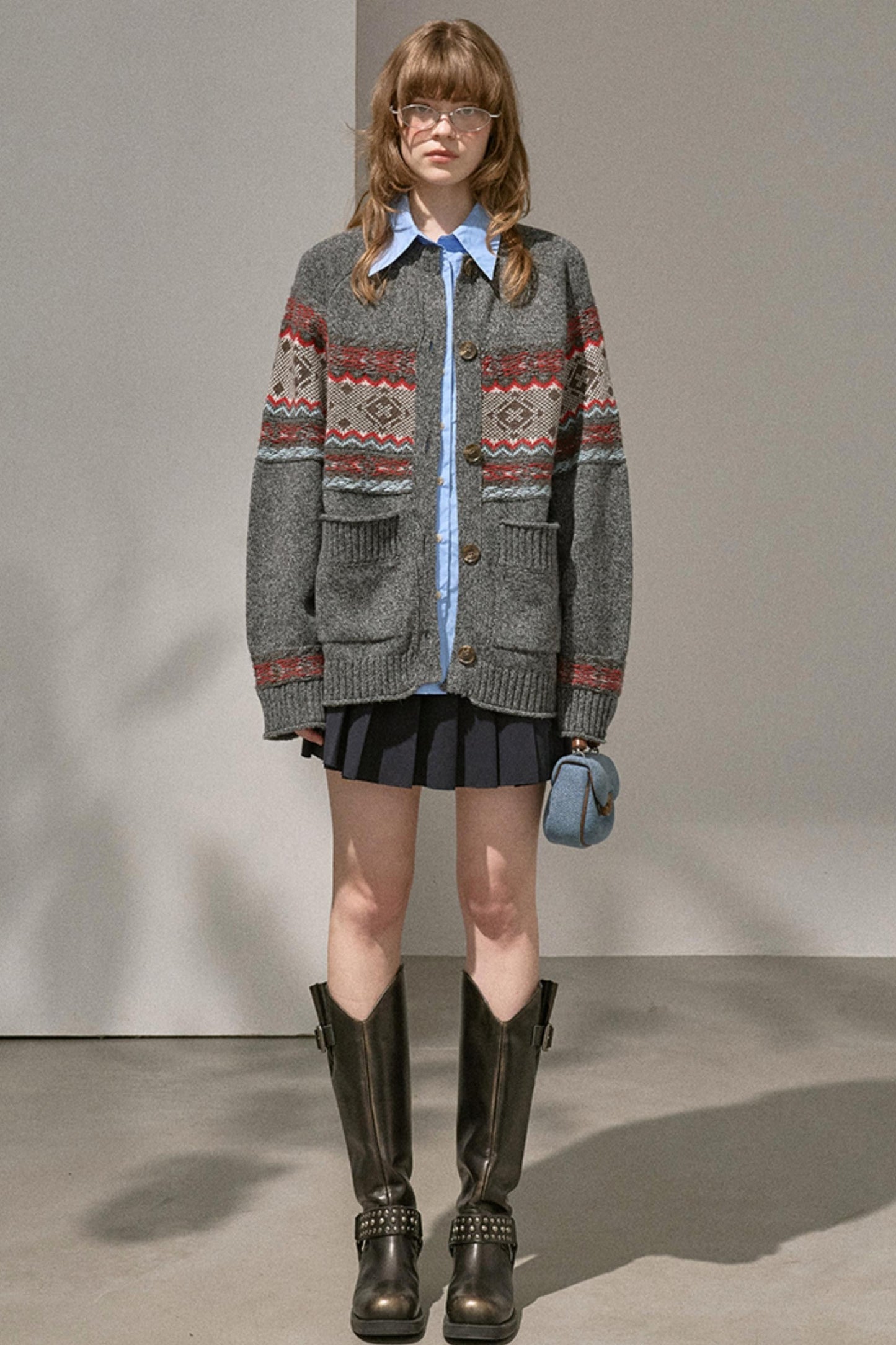 Fair Isle Knitted Gray Cardigan