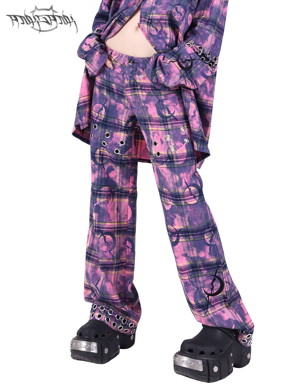 Moon Metal Design Check Loose Pants