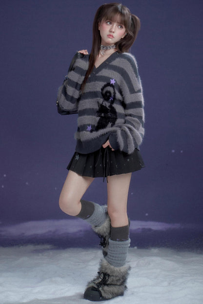 Striped Mink V-Neck Sweater