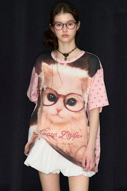 Lockeres T-Shirt mit Rundhalsausschnitt und pinkem Stern-Katzenprint