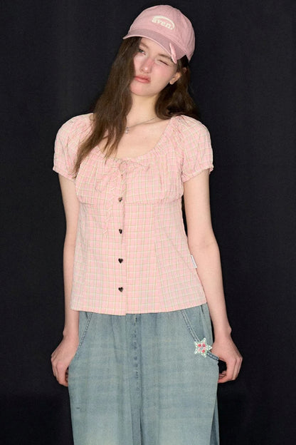 Pink Plaid Puff Sleeve Top