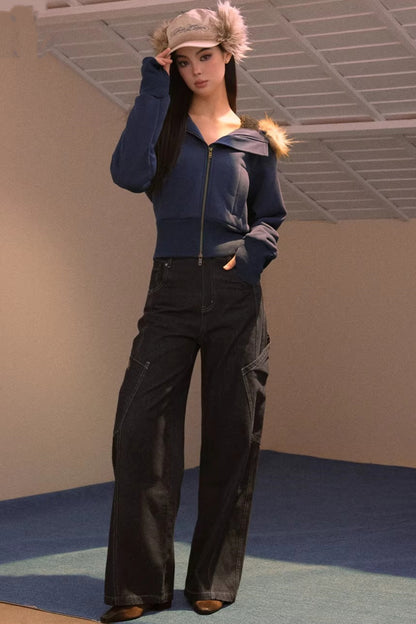 Wide-Leg Diagonal Pocket Jeans