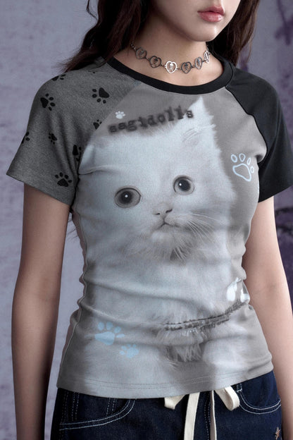 Fighting Spirit Cat Print Raglan Tee