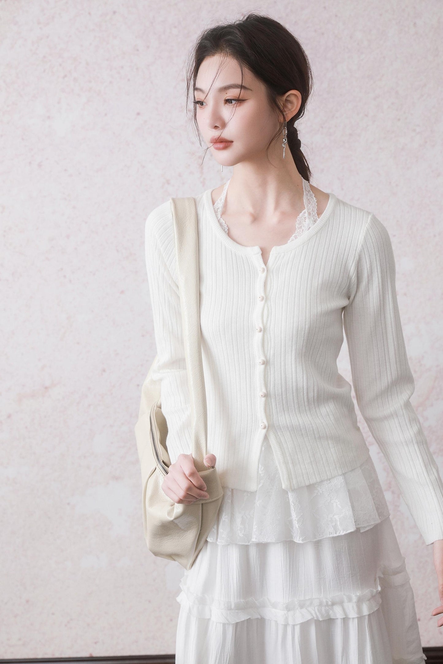 Cloud White Cardigan & Lace Top Set