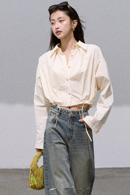 Lace-Up Pinch Pleated Cotton Shirt