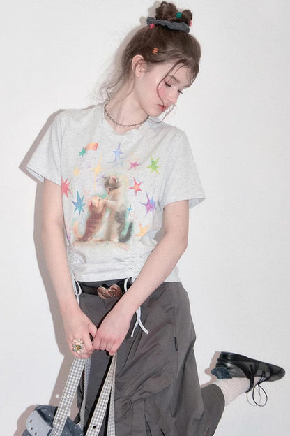 T-Shirt mit Katzenmotiv und Kordelzug