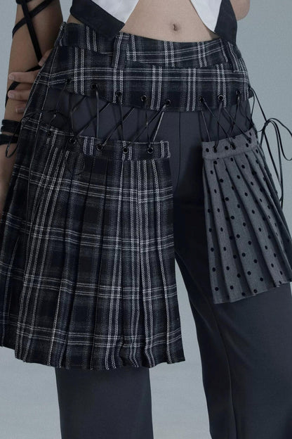 Layered Plaid Skirt Pants