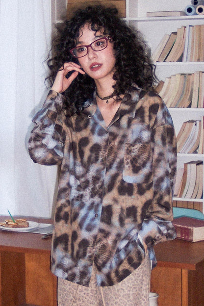 Vintage Leopard Print Cuban Collar Long-Sleeved Shirt