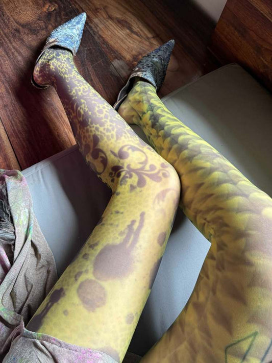 "Lizard Leopard " Hand Drawn Asymmetrical 14D Pantyhose