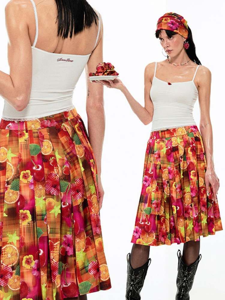 Summer Fruit Dopamine Print Low Waist A-Line Skirt