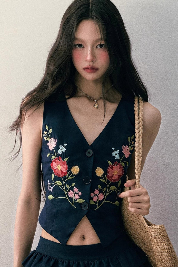 Embroidered V-Neck Skirt Set-Up