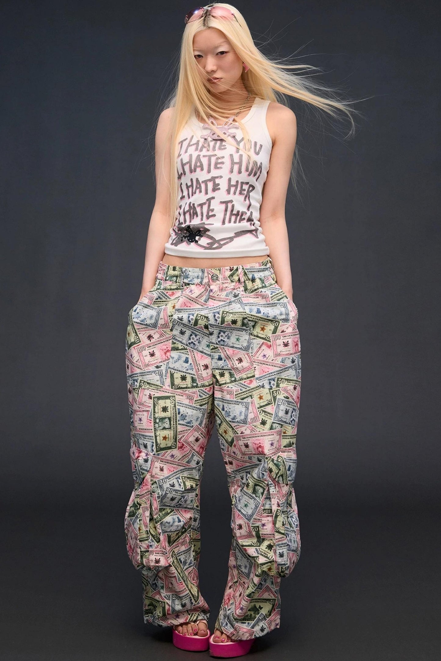 Money Print Wide-Leg Pants