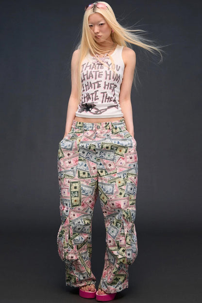 Money Print Wide-Leg Pants