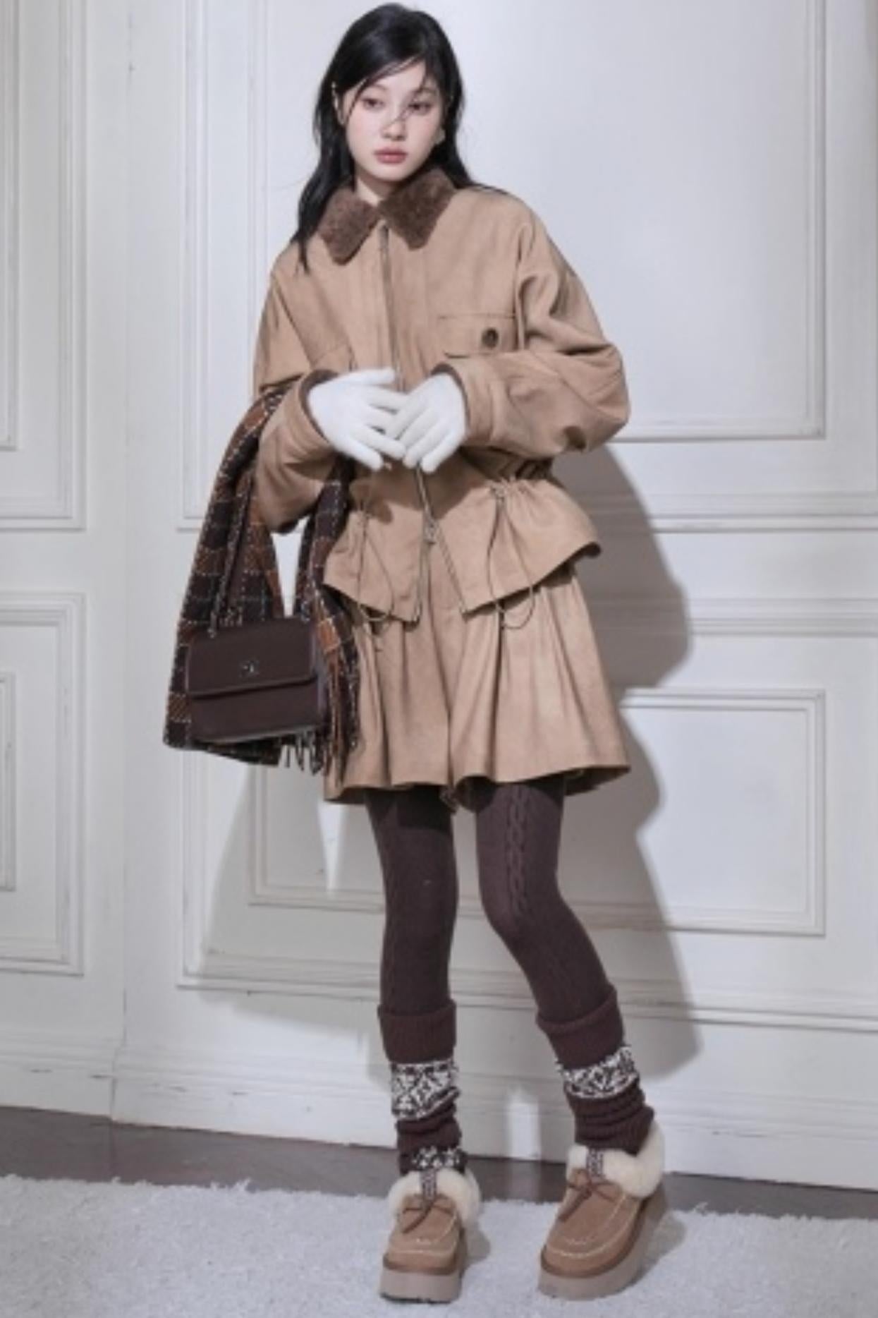 Hazelnut Bat Sleeve Furry Jacket Set-Up