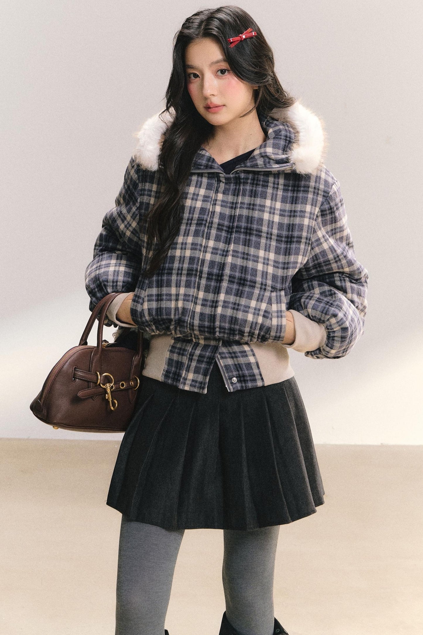 Plaid Fur Collar Winter Coat