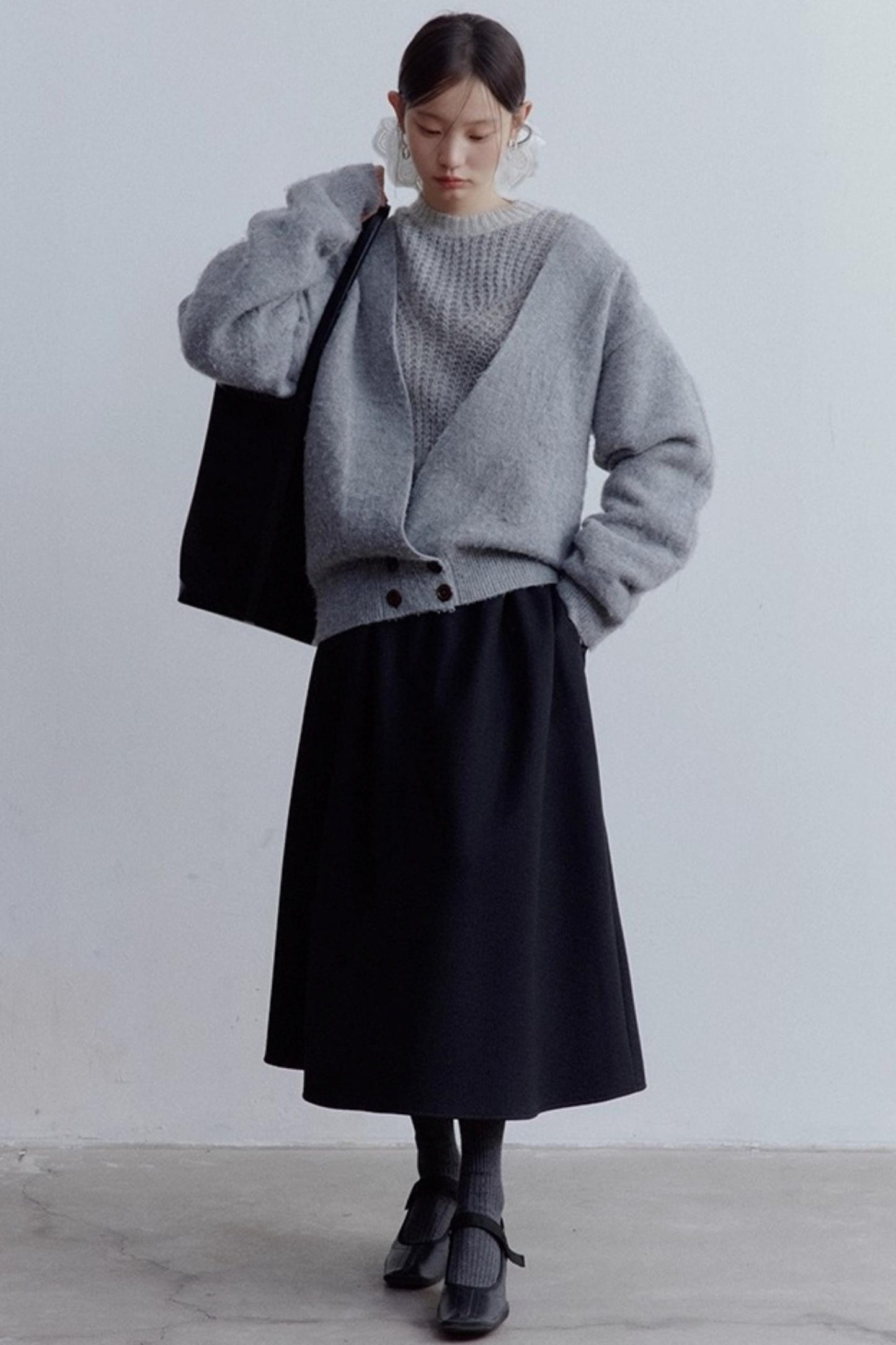 Misty Gray V-Neck Mohair Cardigan Coat