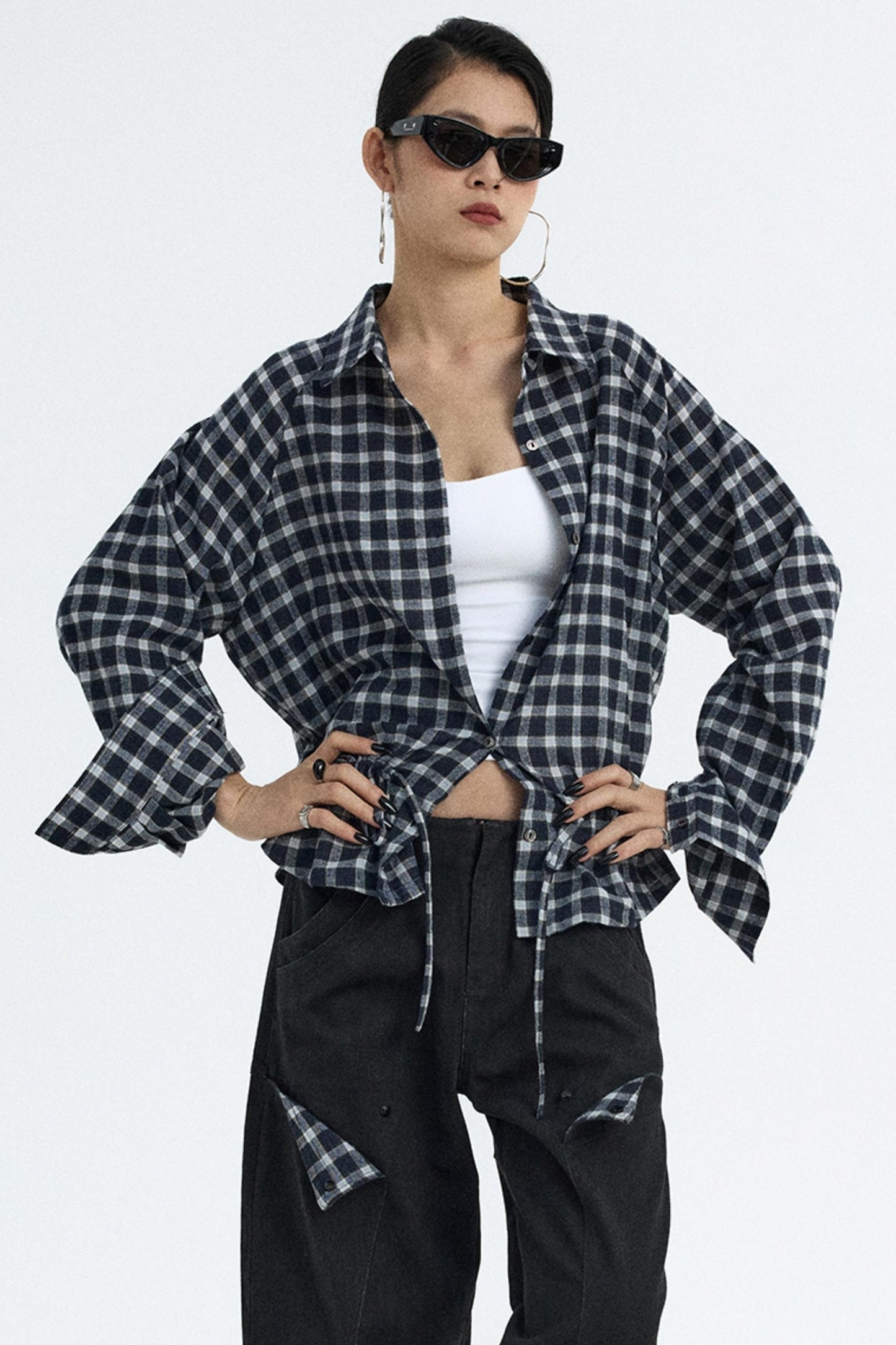 Navy Plaid Drawstring Top