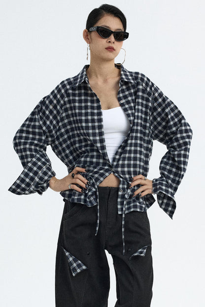 Navy Plaid Drawstring Top