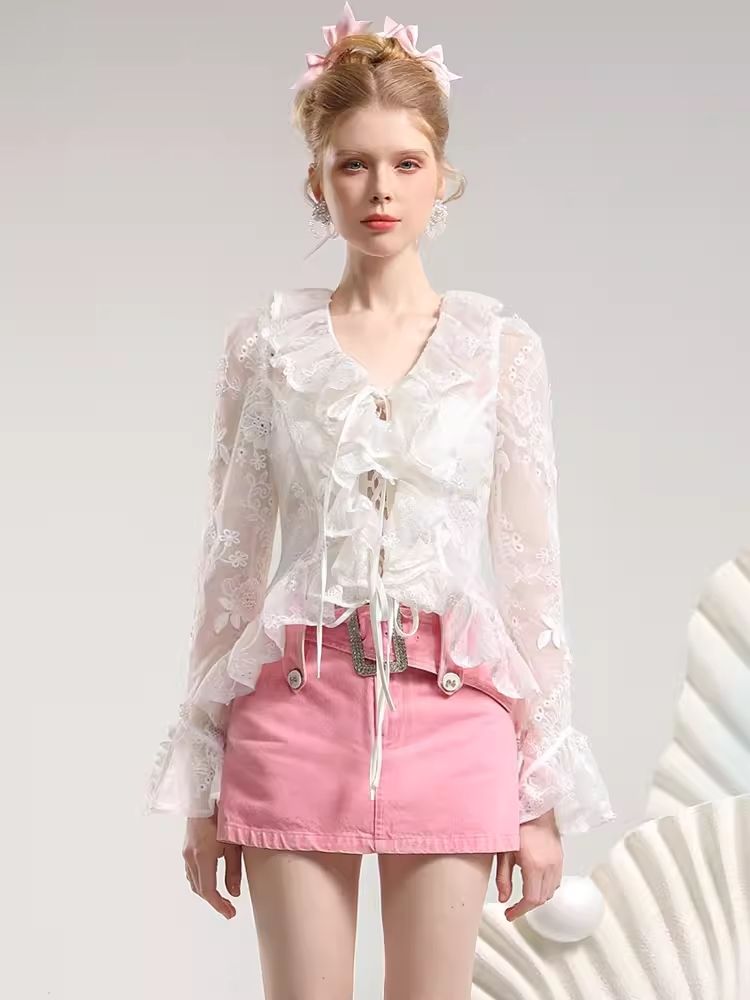 Embroidery Organza Tie Romantic Cardigan