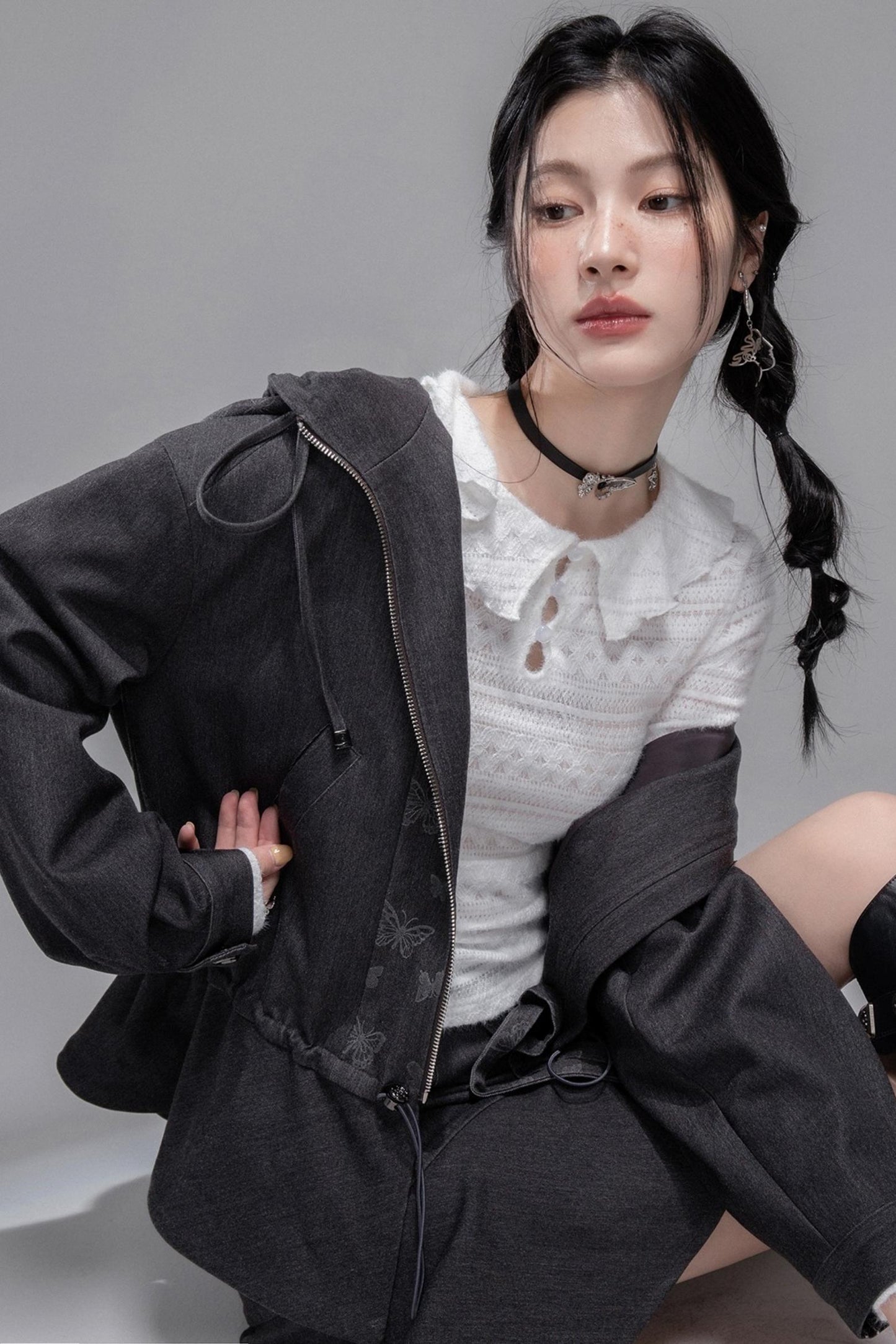 Morning Gray Patchwork Hooded Jacket Set