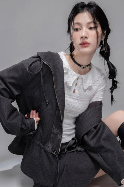 Morning Gray Patchwork Hooded Jacket Set