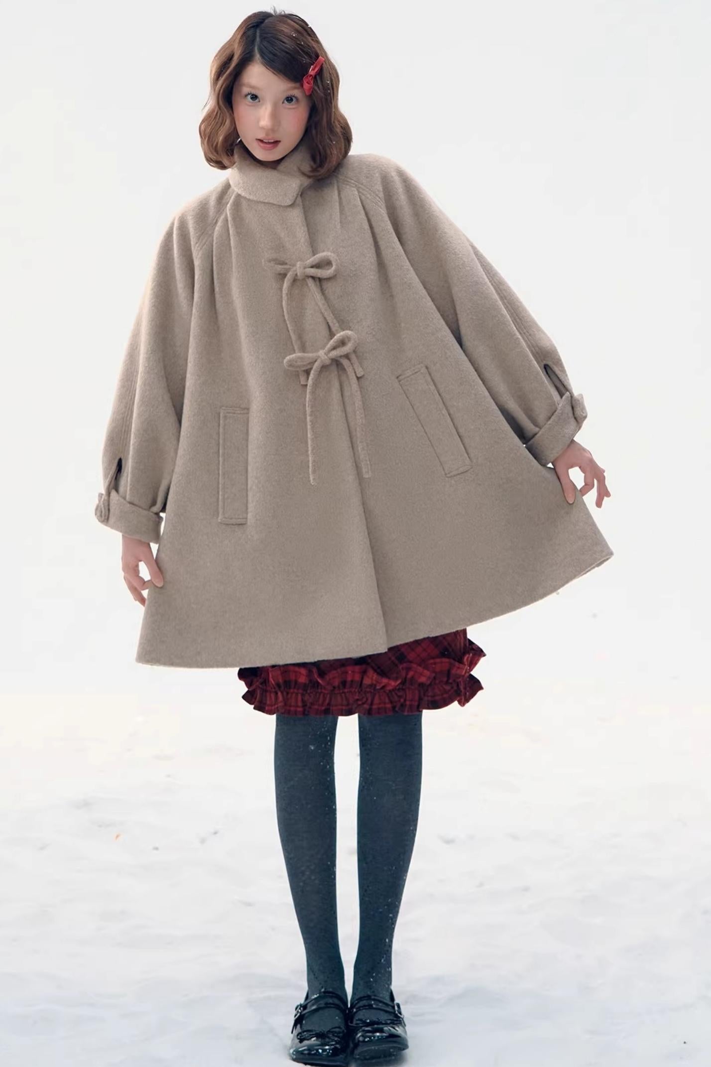 Retro Oatmeal Woolen Bow Coat