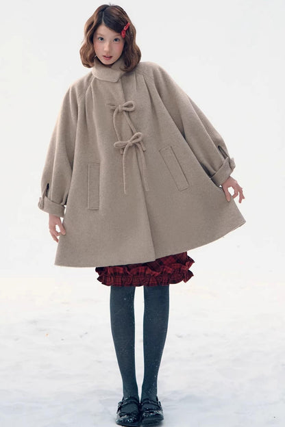 Retro Oatmeal Woolen Bow Coat